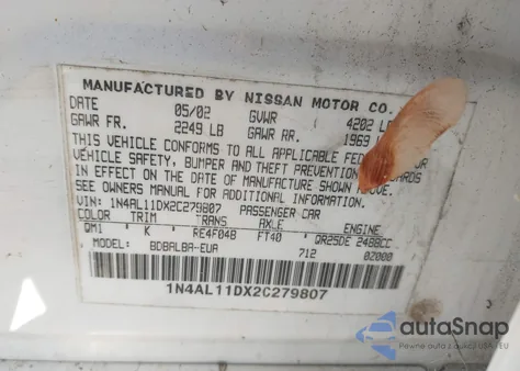 2002 Nissan Altima 2.5 S z USA, uszkodzony, nr VIN 1N4AL11DX2C279807